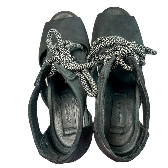 Sorel Joanie Lace Up Wedge Heel Open Toe Leather Canvas Lug Sole Sandal Black 7 - Picture 9 of 9